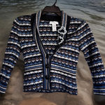 Nine West  Striped Cardigan Sweater Women's Blue Brown Gray Sparkle Flower Accent Photo 0