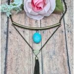 None Dark Brushed Gold Tone Statement Collar Necklace Drop Faux Turquoise Western Photo 1