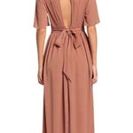 FAVLUX Bow Tie Plunge Neck Split Back Crepe Maxi Skirt High Low Romper Tan M Photo 1