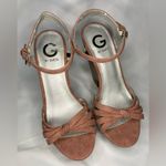 Guess Rose Blush Pink Suede Chunky Heel Sandals 8M Wooden 5” Heel Boho Open Toe Photo 1