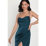 Lulus NWT  Moments of Beauty Dark Teal Satin Cowl Neck Tulip Maxi Dress Size M Photo 2