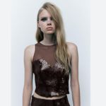 ZARA NWOT TULLE CROPPED TOP WITH SEQUINS Dark brown | 0219/115 Photo 1