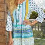 Cabana Life Dress 3/4 Sleeve Lace Up Top Tassel Blue Yellow Green Paisley Large Photo 0