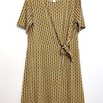 Ann Taylor Factory Faux Wrap Dress Mustard Navy Geometric Side Tie Fit & Flare L Photo 0