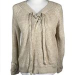 it's our time  Tan Lace Tie V Neck Waffle Knit Long Sleeve Pullover Sweater M Photo 0