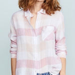 Rails  Charli Linen Button Front Shirt Top in Peach Blush White, L Photo 0