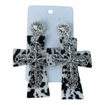 Cow Print Cross Dangle Earrings Western Country‎ Silver Tone Statement New Black Photo 3