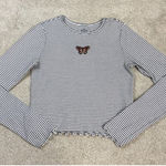 Hollister Black White Stripe Embroidered Butterfly Long Sleeve Crop Top Size L Photo 0
