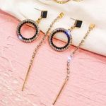 Women's Diamond Long Metal Chain Drop Hoop Earrings Gold Photo 2