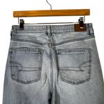 American Eagle  Mom Straight Jeans Size 8 Light Wash High Rise Distressed Stretch Photo 4