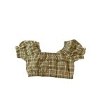 NWOT Lena Size Medium Women Balloon Puff Sleeve Short Sleeve Plaid Crop Top Green Photo 1