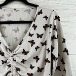 Butterfly Print Ribbed Tie Front Y2k Long Sleeve Top Size XL Photo 5
