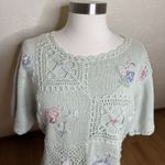 Vintage Short Sleeve Sweater Womens Large Mint Green Floral Crochet Patchwork Photo 2