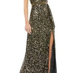 Mac Duggal Black and Gold Sequined Wrap Over Butterfly Sleeve Draped Gown Sz 6 Photo 0