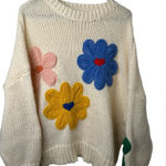BiBi Cream Oversized Chunky Sweater with Colorful Floral Embroidery NWOT Pink Size M Photo 0