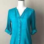 Ecru | Teal Mono Tie Dye Rolled Sleeve Top Sz XS Photo 0