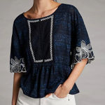Anthropologie Pilcro Orchid Embroidered Flutter Sleeve Midnight Blue Floral Blouse Boxy XS Photo 0