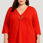 Jones New York Orange V-Neck Blouse with Gold Chain Detail. SIZE 1X Photo 0