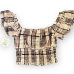 Boutique Off The Shoulder Mixed Plaid Pink/Brown Crop Top NWT Pink Size L Photo 0