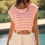 Anthropologie  Coral White Striped Cutout Romper NWT Size Large Photo 0