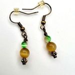 Handmade  Beaded Drop Earrings Green & Amber Glass Beads Antiqued Bronze Hooks Photo 0