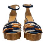 Tory Burch EUC Alma Wooden Platform Navy Orange Ivory Fringe Heels Shoes 10 M Photo 3