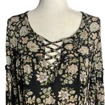 American Eagle Boho Tunic Top S Black Floral Bell Sleeves Criss Cross V Neck Photo 1