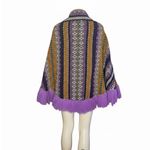VINTAGE Poncho Full Zip Arm Holes Collar Purple Print Fringe Pom Poms One Size Size undefined Photo 1