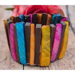 None Bohemian Wood Bar & Dyed Abalone Shell Colorful Wide Stretch Bracelet Beach Photo 1