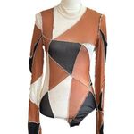 Akira  Patchwork Long Sleeve Sheer Bodysuit Stretchy Top Abstract Design Size S Photo 1