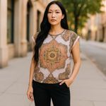 DR2 Boho Mandala Print Top NWT Pink Orange Yellow Short Sleeve Small Photo 10