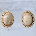 Vintage Clip On Earrings Oval Beige with Gold Tone Halo Photo 0