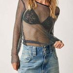 Free People NEW Filter Finish Long Sleeve Netted Rhinestone Top Navy Small Photo 1