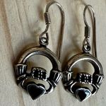 Sterling Silver Claddagh Earrings with Black Onyx Hearts Photo 2