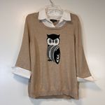 Notations  Tan Owl Print Sweater Faux Collar Cuff Knit Long Sleeve Women’s 1X Photo 0