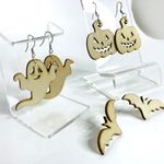 Handmade 3 Sets of Burned Wood Happy Halloween Earrings Photo 2