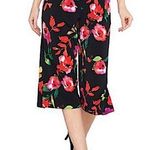 Susan Graver NEW floral wide leg high rise pull on capri pants black red XL Photo 0