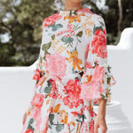 Petal and Pup White Floral Bell Sleeve Tie Waist High Neck Mini Peta Dress XL Photo 0