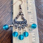 Antique Copper & Deep Sea Green Glass Beaded Chandelier Earrings Photo 2