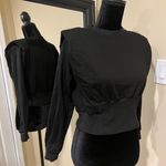 Crop Top Hoodie Sweatshirt Sweater Blouse Shoulder Pad Pullover Top Round Neck Shirt Black Photo 3