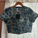 En Saison Passion Top Jacquard Vintage Floral Tapestry Short Sleeve Button NWT S Blue Photo 2