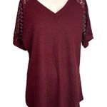 XL Women Waffle Top with Lace Sleeves Maroon NWT vneck Red Photo 0