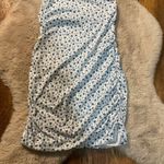 Bodycon Dress White Blue Floral Spaghetti Straps Gathered Sides Size Medium‎ Photo 2