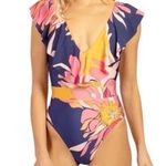 Trina Turk  Breeze Ruffle One Piece Blue Multicolor Swimsuit, Size 14 Photo 0