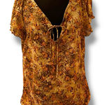 Fashion Bug Vtg Y2k Autumn Floral Orange Green Brown Hippie Flare Cap Sleeve Top Keyhole L Photo 0