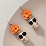 Skull Orange Flower Black Rose Eyes Drop Dangle Halloween Earrings‎ Faux Fashion Photo 6