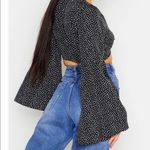 Irene's Story Irene’s Story Black White Polka Dot Self Tie Wrap Bell Wide Sleeve Crop Top Blouse Photo 3