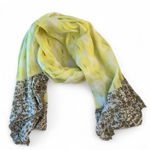 Ann Taylor  Cotton Silk Scarf Lemon & Taupe Abstract Dot Lightweight Pom Pom Trim Photo 0