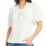 Free People One Hayden Thermal Waffle Knit Puff Sleeve Lace Up Top White XSmall Photo 3