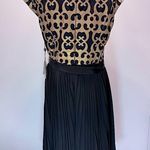 Adrianna Papell Black Dress with Gold Appliqué Bodice Pleated Mesh Overlay Skirt Photo 3